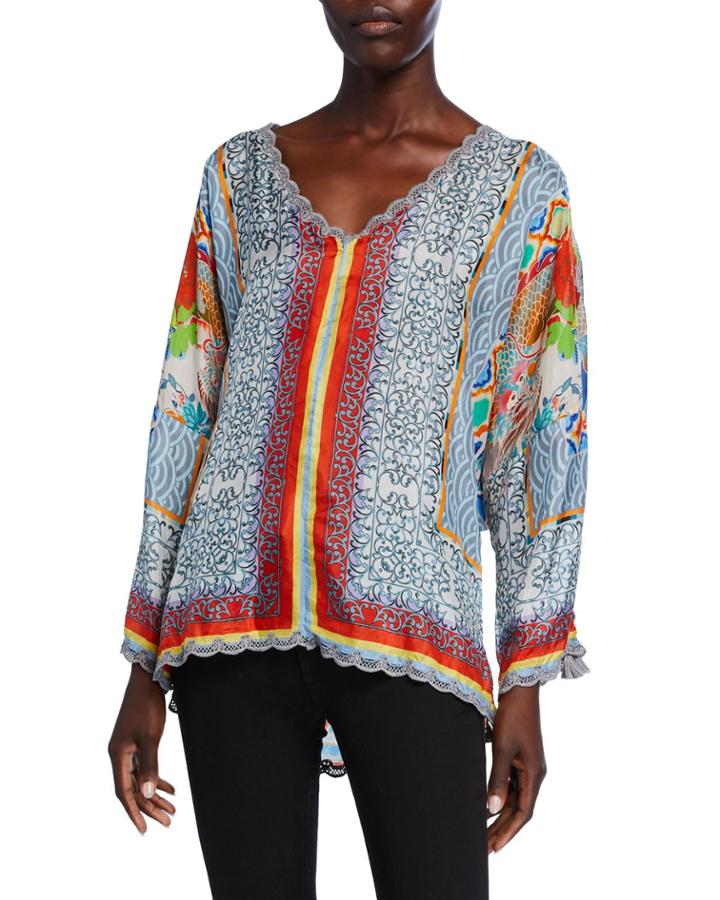 Dragon Printed V-neck Long-sleeve Scallop-edge
