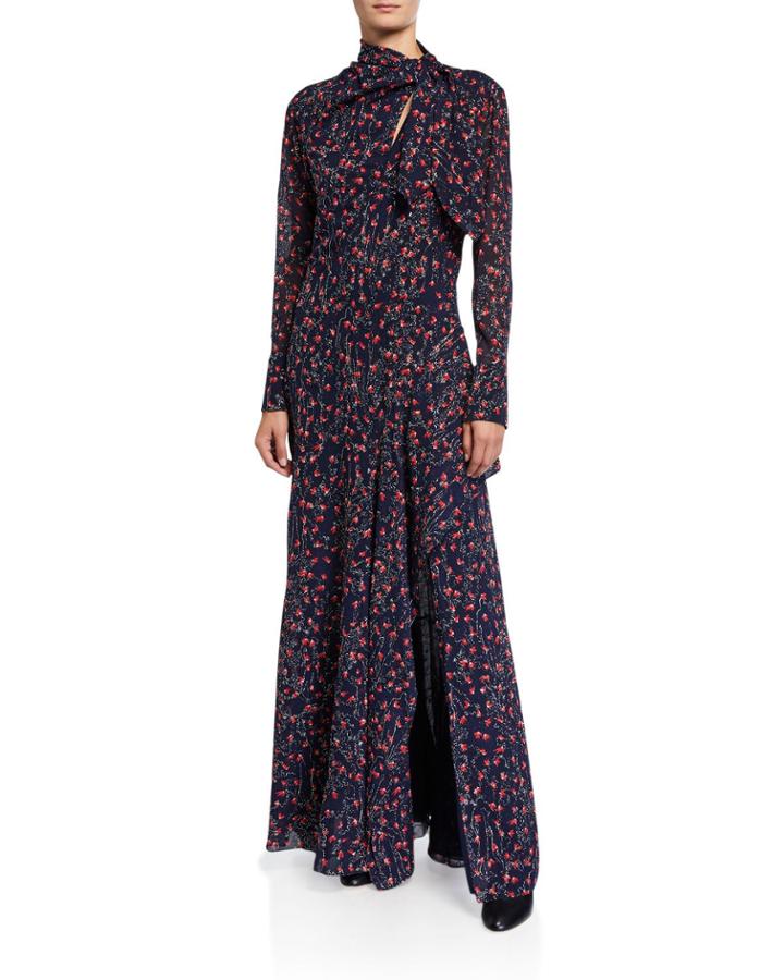 Aquatic Flower-embroidered Silk Tie-neck Gown