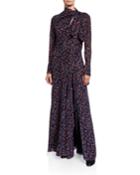 Aquatic Flower-embroidered Silk Tie-neck Gown