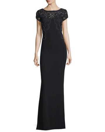 Embellished-lace Cap-sleeve Gown, Black