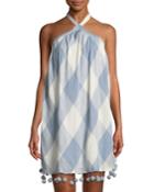 Holden Check Halter Mini Dress W/ Pompom Trim