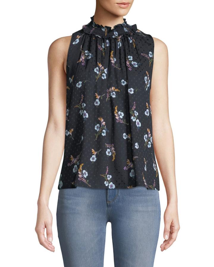 Natalie Mock-neck Floral Plisse Tank