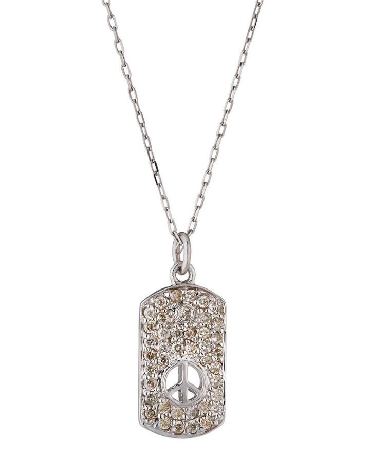 14k White Gold Diamond Dog Tag Peace Necklace