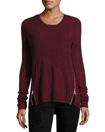 Zip-detail Ribbed Sweater, Bordeaux