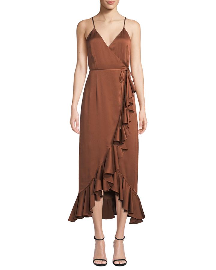Oro Sleeveless Surplice Satin Wrap Dress W/ Ruffle Trim & Hem