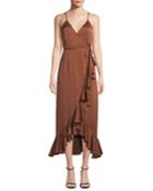 Oro Sleeveless Surplice Satin Wrap Dress W/ Ruffle Trim & Hem