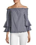 Flounce-sleeve Striped Off-the-shoulder Top