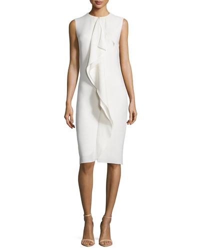 Sleeveless Ruffle-front Sheath Dress, Cream