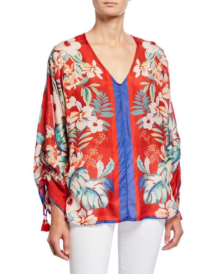 Evy Floral V-neck Long-sleeve Silk Georgette Blouse