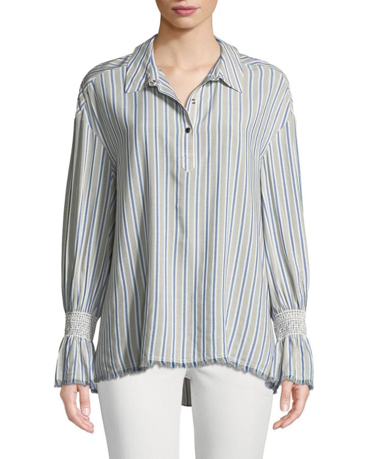 Striped Smocked-cuff Button-front Blouse