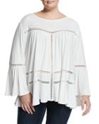Bell-sleeve Lace-inset Top, Off White,