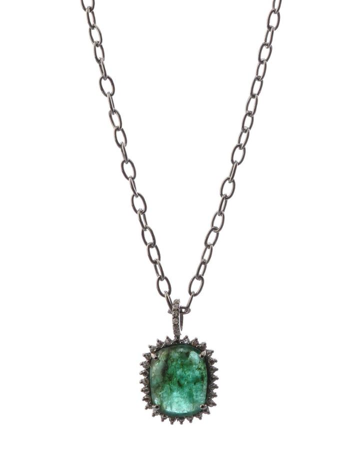 Black Silver Pendant Necklace With Green Emerald & Diamonds