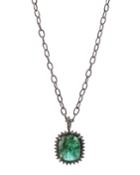 Black Silver Pendant Necklace With Green Emerald & Diamonds