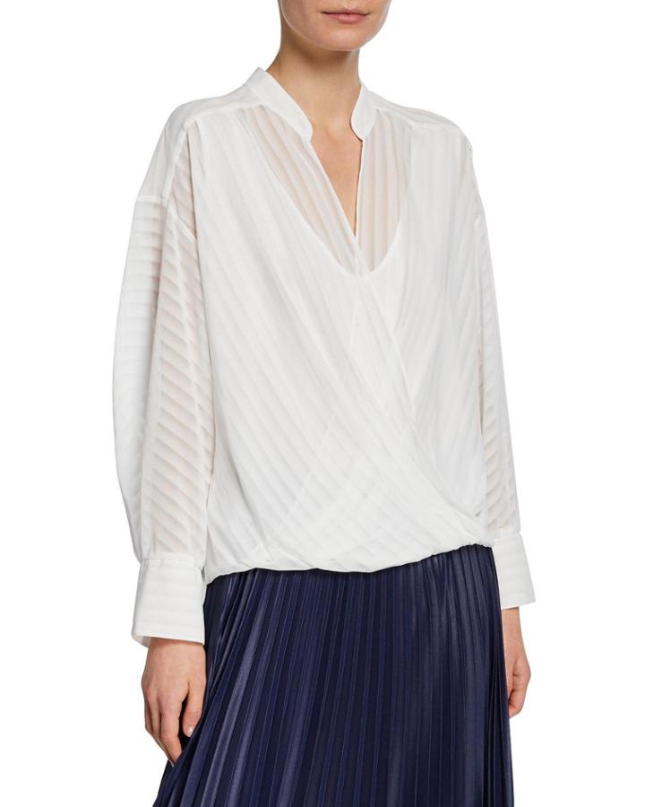 Draped Crossover Long-sleeve Blouse
