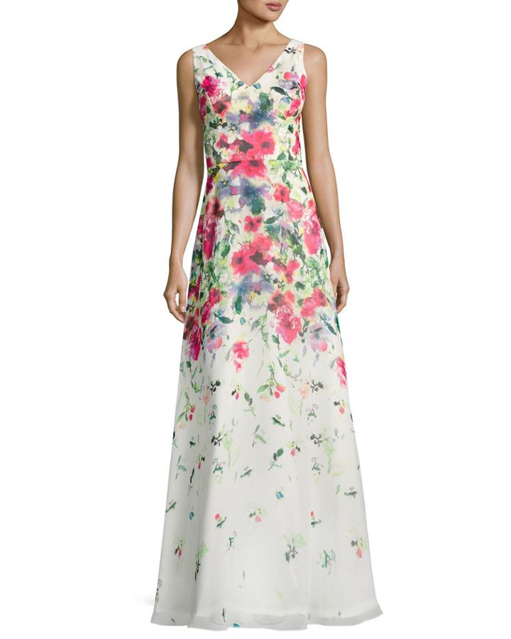 Sleeveless Floral Chiffon Gown, White/multicolor