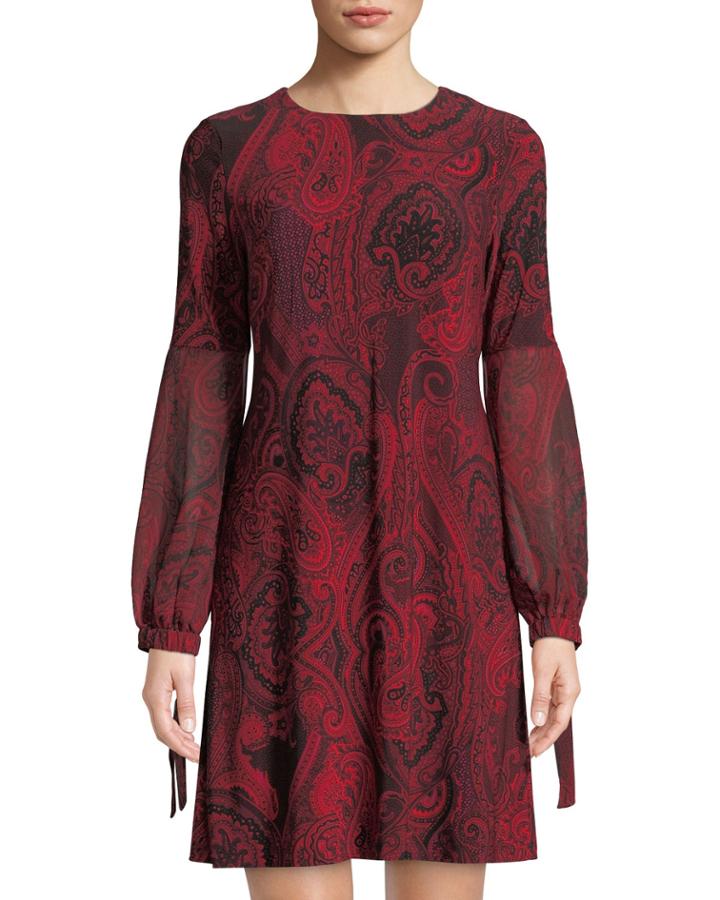 Chiffon-sleeve Paisley A-line Dress