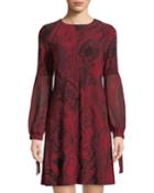 Chiffon-sleeve Paisley A-line Dress