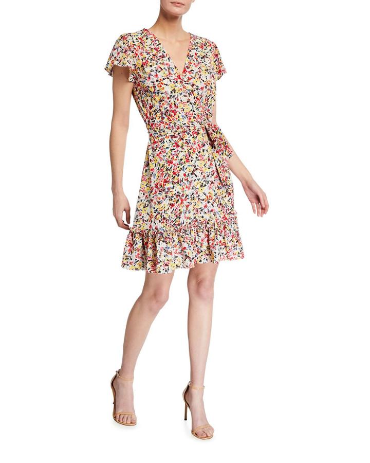 Abstract Print Faux-wrap Ruffle Dress