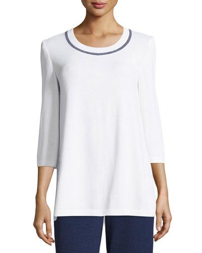 Santana Striped-trim 3/4-sleeve Tunic, Bright White/ink
