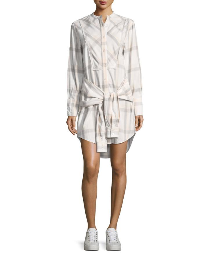 Grid-print Collarless Tie-waist