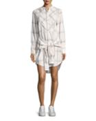 Grid-print Collarless Tie-waist