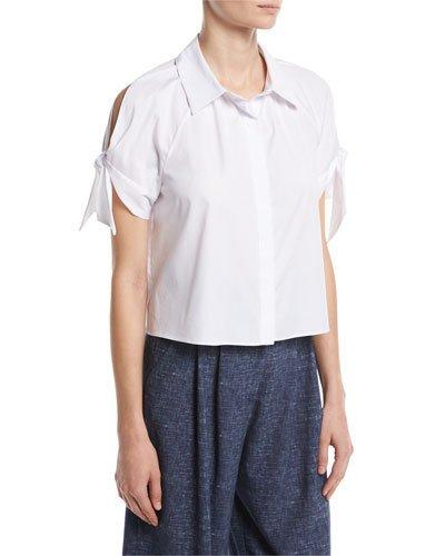 Short Tie-sleeve Stretch-poplin Boxy Top, White