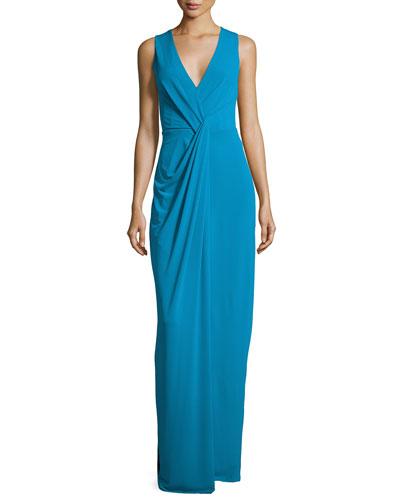 Sleeveless Drape-front Evening Gown, Turquoise