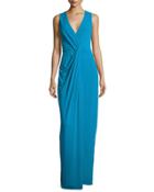 Sleeveless Drape-front Evening Gown, Turquoise