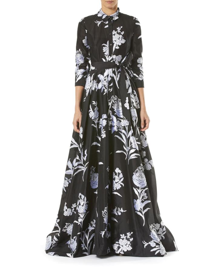 Floral-print Taffeta Trench Gown