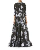 Floral-print Taffeta Trench Gown