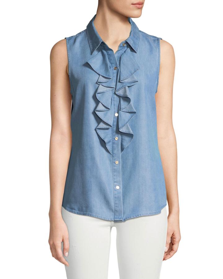 Sleeveless Ruffle-front Chambray