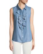 Sleeveless Ruffle-front Chambray