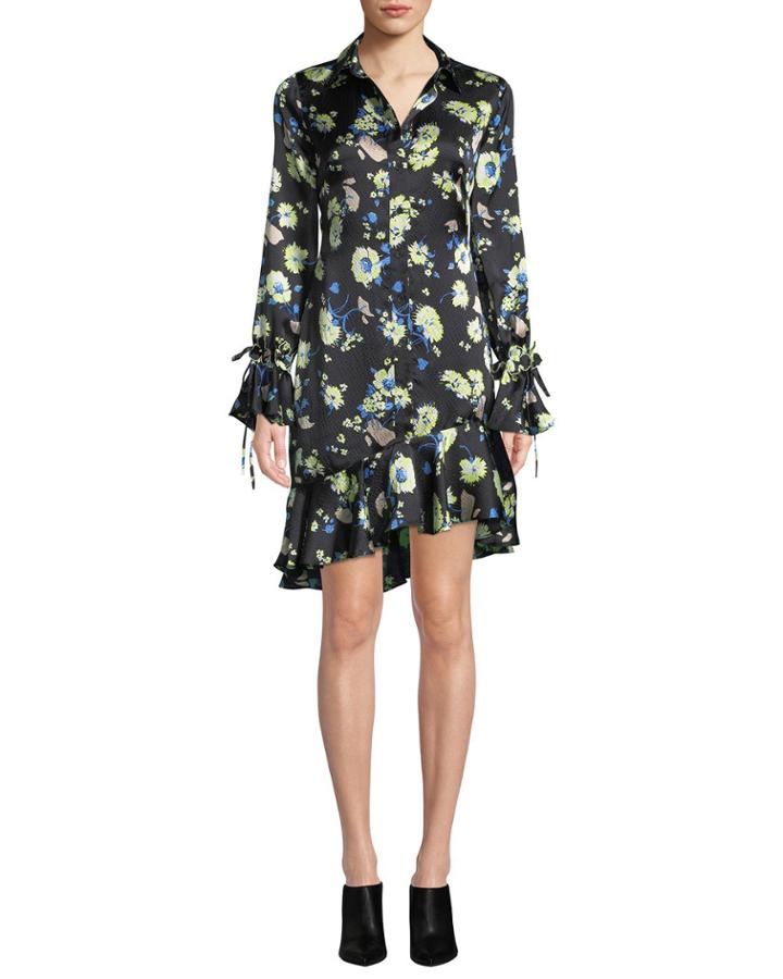 Floral-print Silk Asymmetric Ruffle