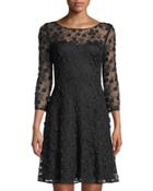 3/4-sleeve Floral Illusion-lace A-line Dress