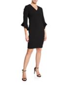 Ruffle-sleeve V-neck Shift Dress With