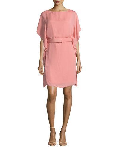 Flutter-sleeve Belted Dress, Blush