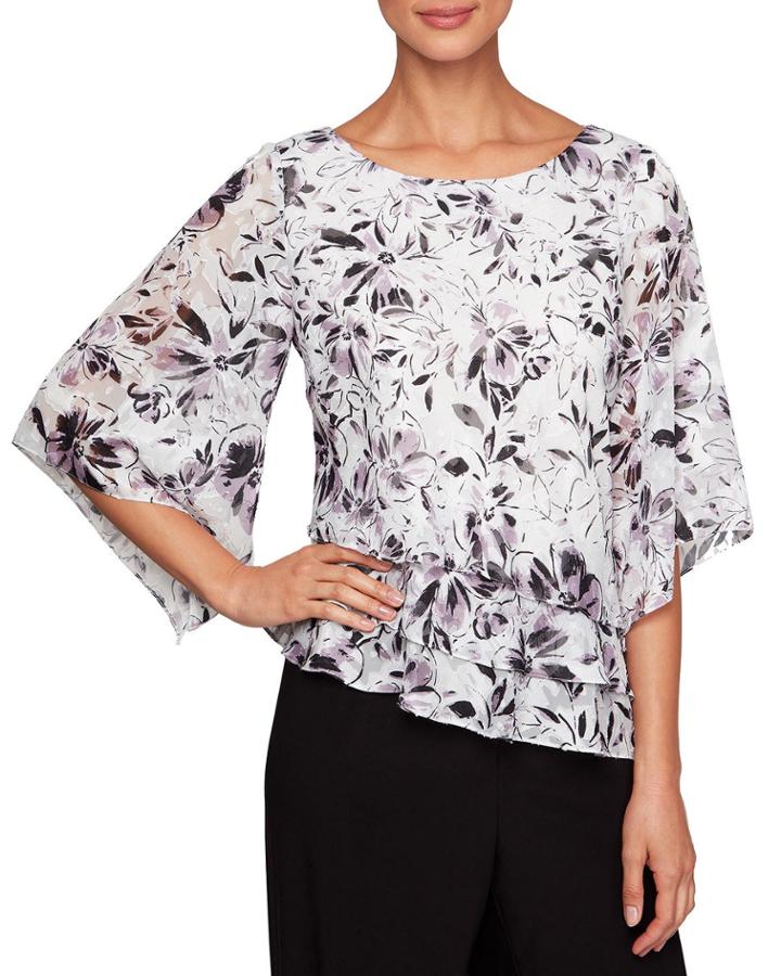 Petite Floral-print Burnout Chiffon 3/4-sleeve Blouse W/ Tiered Asymmetric Hem