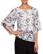 Petite Floral-print Burnout Chiffon 3/4-sleeve Blouse W/ Tiered Asymmetric Hem