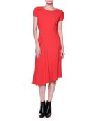 Short-sleeve Seamed Cady Dress, Red
