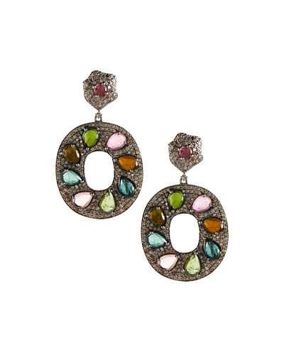 Multicolored Tourmaline & Champagne Diamond Double-drop Earrings