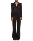 Metallic-stripe Long-sleeve Jacquard Jumpsuit, Black