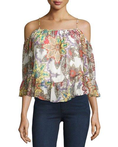 Paisley-print Cold-shoulder Top, White