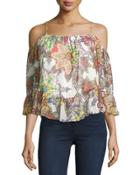 Paisley-print Cold-shoulder Top, White