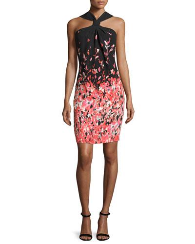 Degrade Floral Silk Halter Dress, Caviar/multi