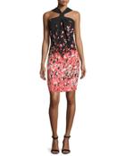 Degrade Floral Silk Halter Dress, Caviar/multi
