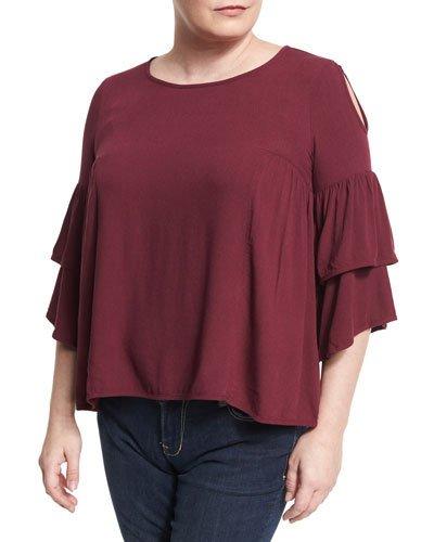 Cold-shoulder Ruffled Top, Purple,