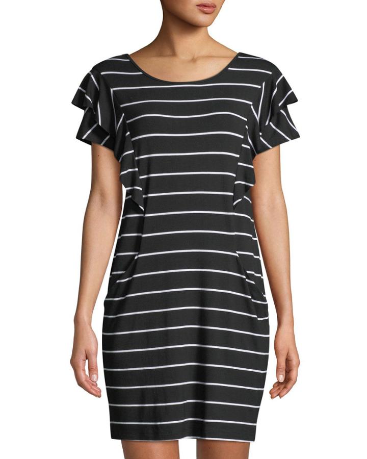 Crewneck Ruffle-detail Short-sleeve Striped Jersey Dress