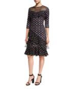 Three-quarter Sleeve Dot Scuba Ruffled Cocktail Dress