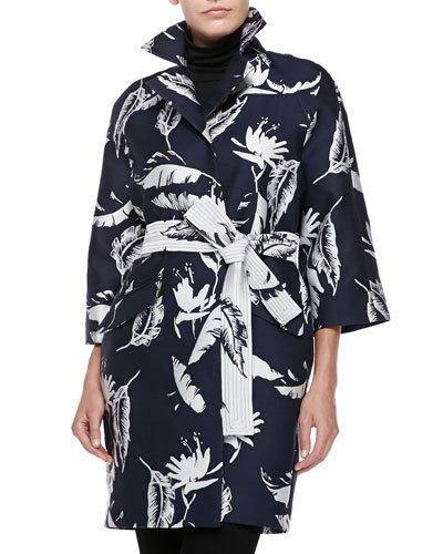 Floral-jacquard Opera Coat, Navye/white