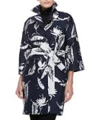 Floral-jacquard Opera Coat, Navye/white